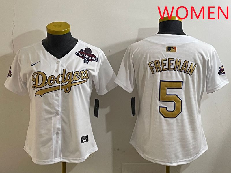 Women Los Angeles Dodgers 5 Freeman White Champion gold character 2025 Nike MLB Jersey style 4123